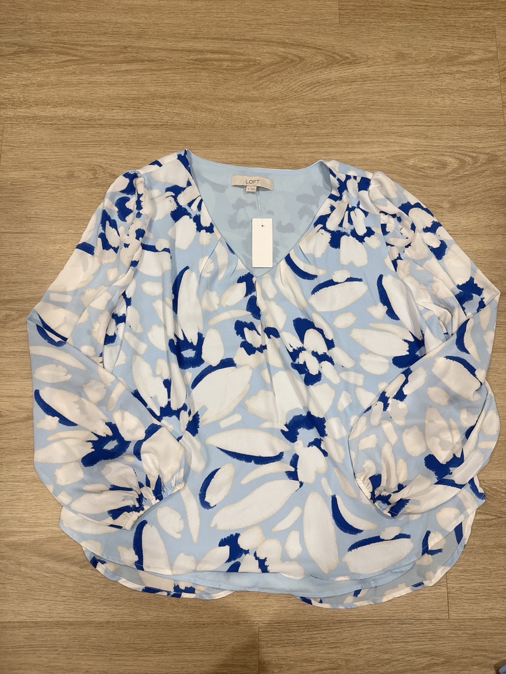 LOFT Light Blue Floral Print V-Neck Blouse